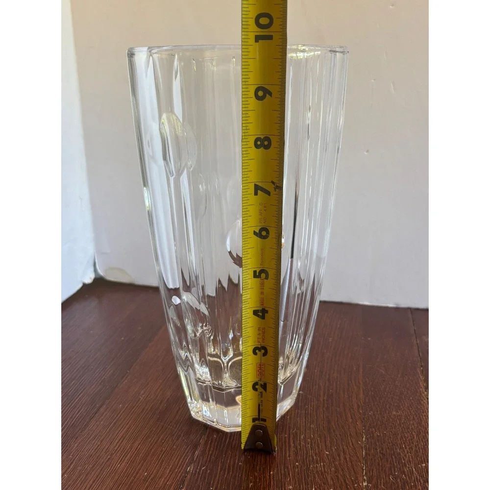 Heavy Clear Lead Crystal Vase Paneled‎ Vertical Ribbed Octagonal Base 10 Inch